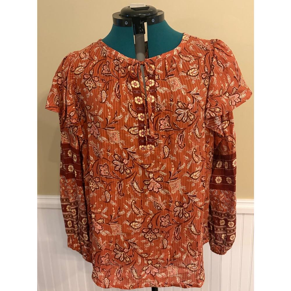 LOFT Bouquet Ruffle Tie Neck Blouse in Auburn Lightweight Women's XL long Sleeve
